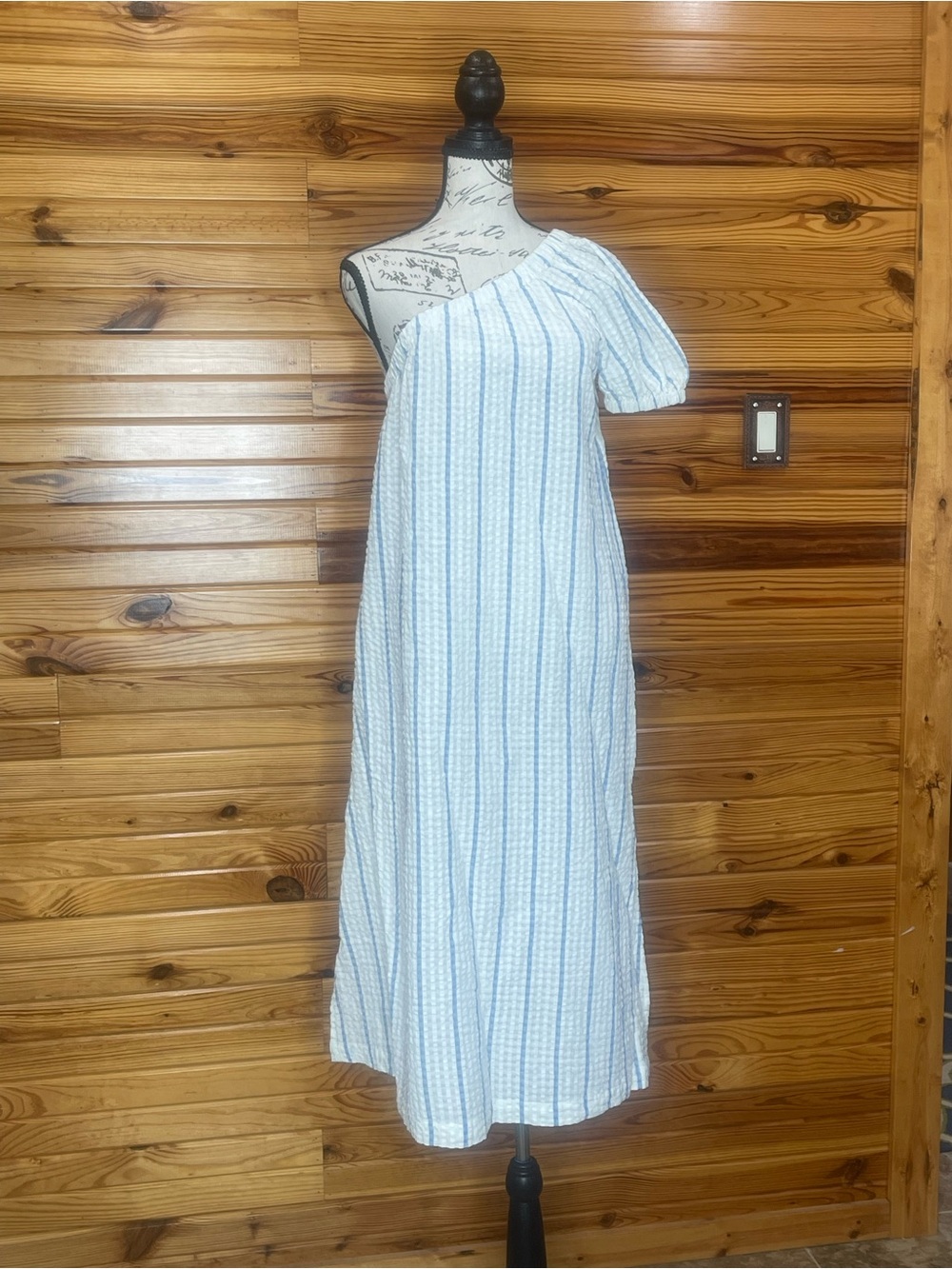 Madewell One-Shoulder Striped Maxi Dress in Light Blue and White